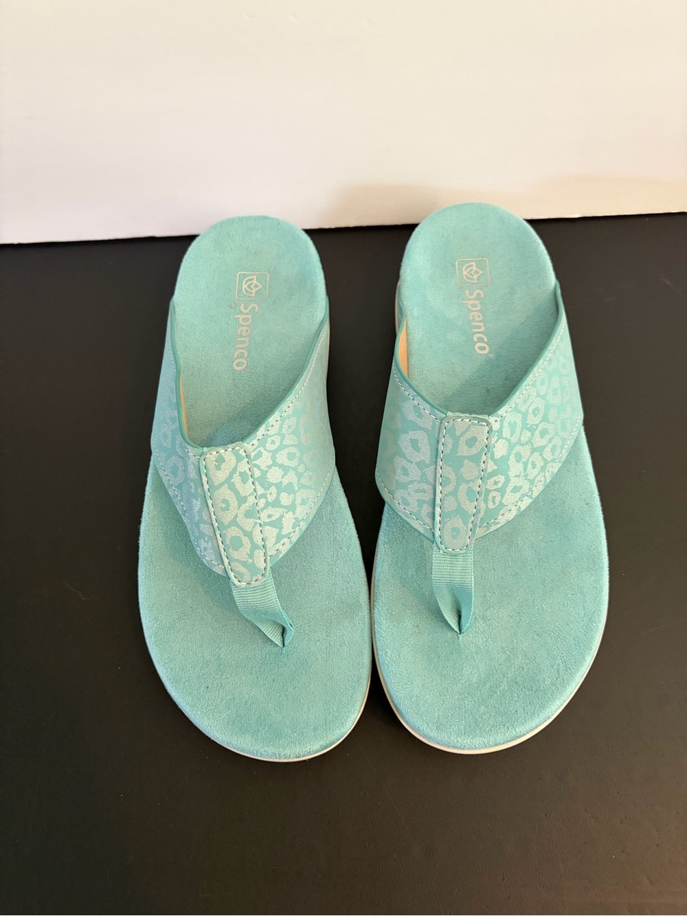 Spenco Newport Size 9 Aqua Cheetah Metallic Print Orthotic Thing Sandals - Picture 2 of 9
